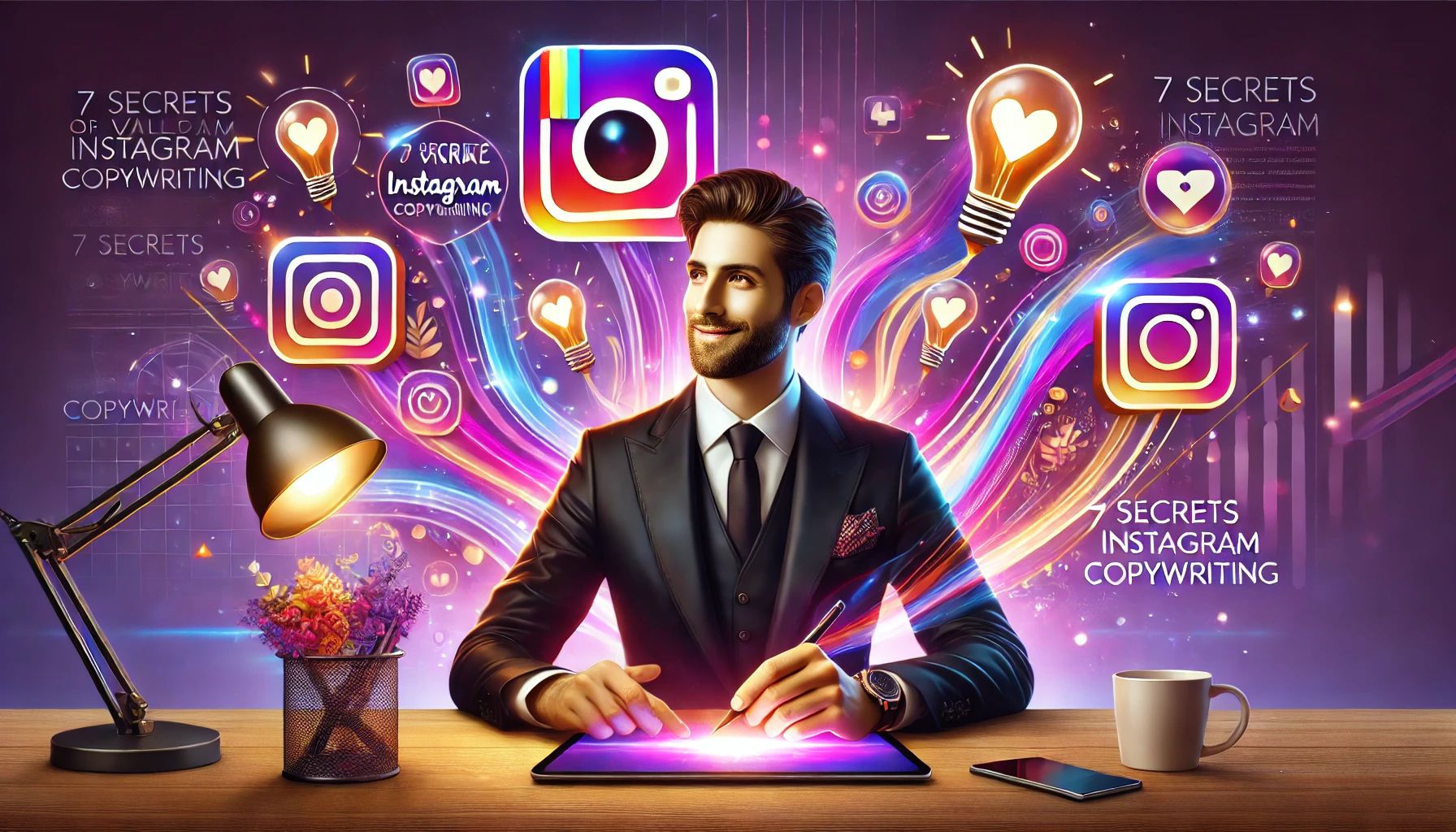 DALL·E 2025 06 08 07.20.19 A highly engaging and visually appealing digital illustration representing 7 secrets of viral Instagram copywriting. The scene features a charismati