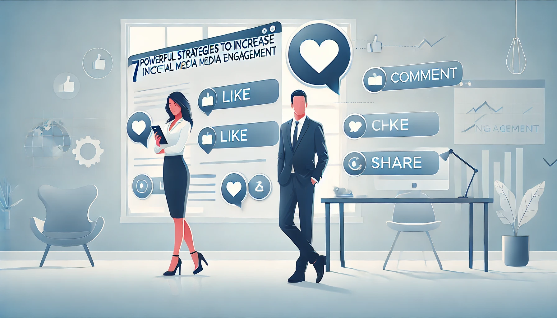 DALL·E 2025 06 08 07.22.26 A clean professional and visually appealing digital illustration representing 7 powerful strategies to increase social media engagement. The scene