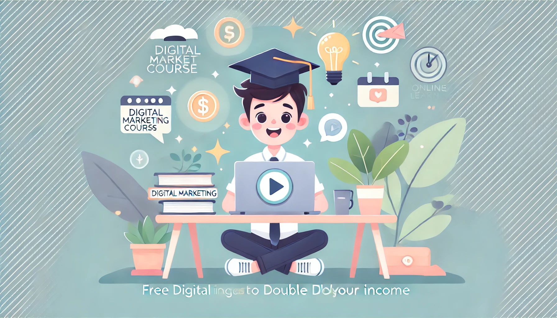 DALL·E 2025 06 08 07.32.06 A clean friendly and visually engaging digital illustration representing Free Digital Marketing Course to Double Your Income. The scene features a