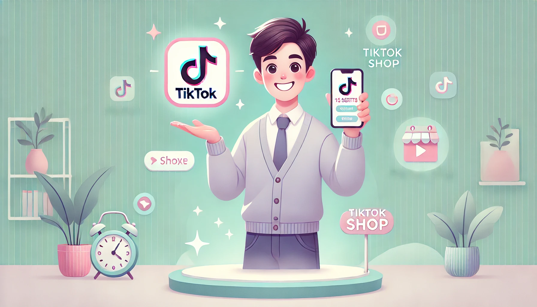 DALL·E 2025 06 08 07.33.58 A clean friendly and visually engaging digital illustration representing 10 secrets to successful marketing on TikTok Shop. The scene features a c