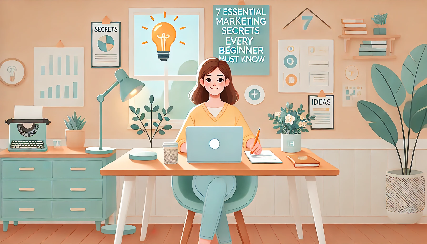 DALL·E 2025 06 08 07.50.47 A clean friendly and visually appealing digital illustration representing 7 essential marketing secrets every beginner must know. The scene featur