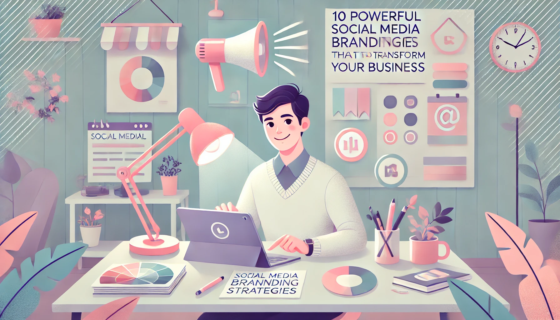 DALL·E 2025 06 08 07.56.26 A clean friendly and visually appealing digital illustration representing 10 powerful social media branding strategies that will transform your bus