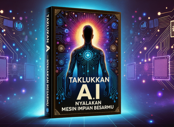 Ilustrasi sampul buku dengan aspek lebar yang menampilkan tema futuristik dan inspiratif. Latar belakangnya dipenuhi dengan sirkuit yang menyala, warna biru neon dan ungu, serta aliran data digital untuk mewakili kecerdasan buatan. Di bagian tengah, sosok manusia berdiri dengan percaya diri, setengahnya disinari matahari digital, melambangkan pemberdayaan dan ambisi. Lengan robot dan antarmuka AI melayang di sekitar sosok tersebut, menyoroti tema penguasaan AI. Judul 'Taklukkan AI, Nyalakan Mesin Impian Besarmu' ditampilkan dengan jelas dalam huruf tebal dan futuristik. Gaya keseluruhannya ramping, modern, dan berteknologi tinggi, membangkitkan motivasi dan pemikiran visioner.