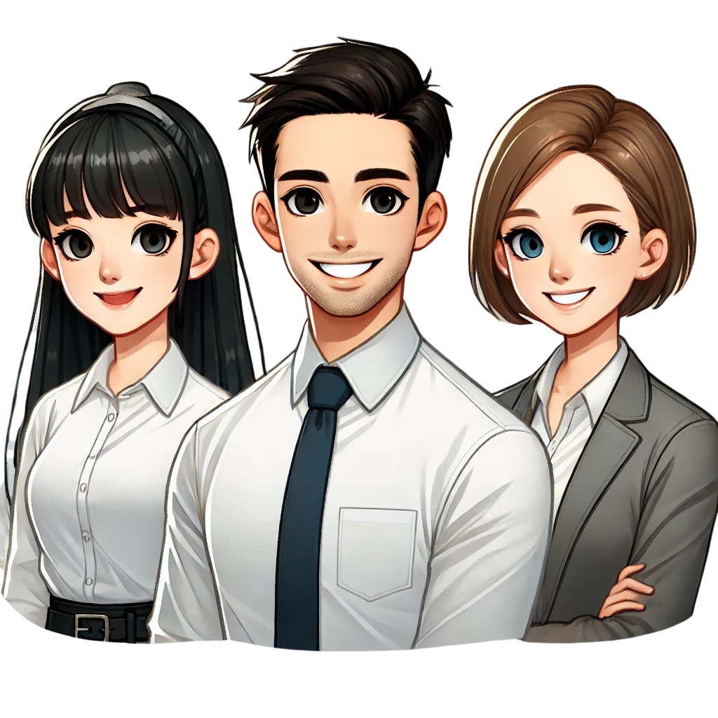 DALL·E 2025 05 20 04.33.00 Three cartoon style professional adults shown from the waist up with transparent background PNG style sized for a banner. Two women and one man Photoroom