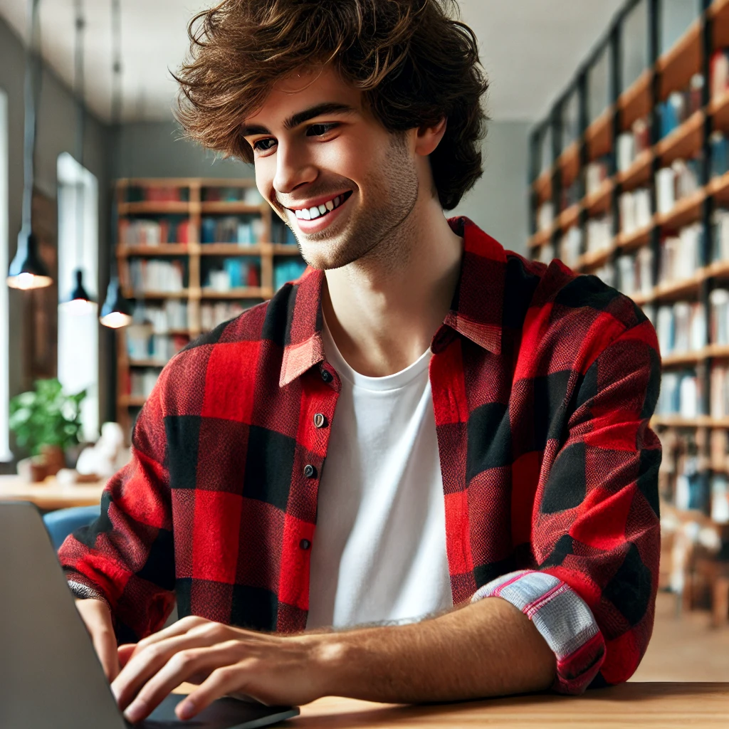 DALL·E 2025 06 09 17.32.00 A young man with medium length curly hair smiling and using a laptop. He is wearing a red and black plaid flannel shirt over a white t shirt. The bac