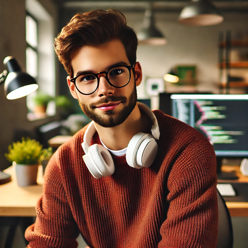 DALL·E 2025 06 09 17.33.37 A young man with short hair and a neatly trimmed beard wearing round glasses and a reddish brown sweater sitting casually in a modern workspace. He
