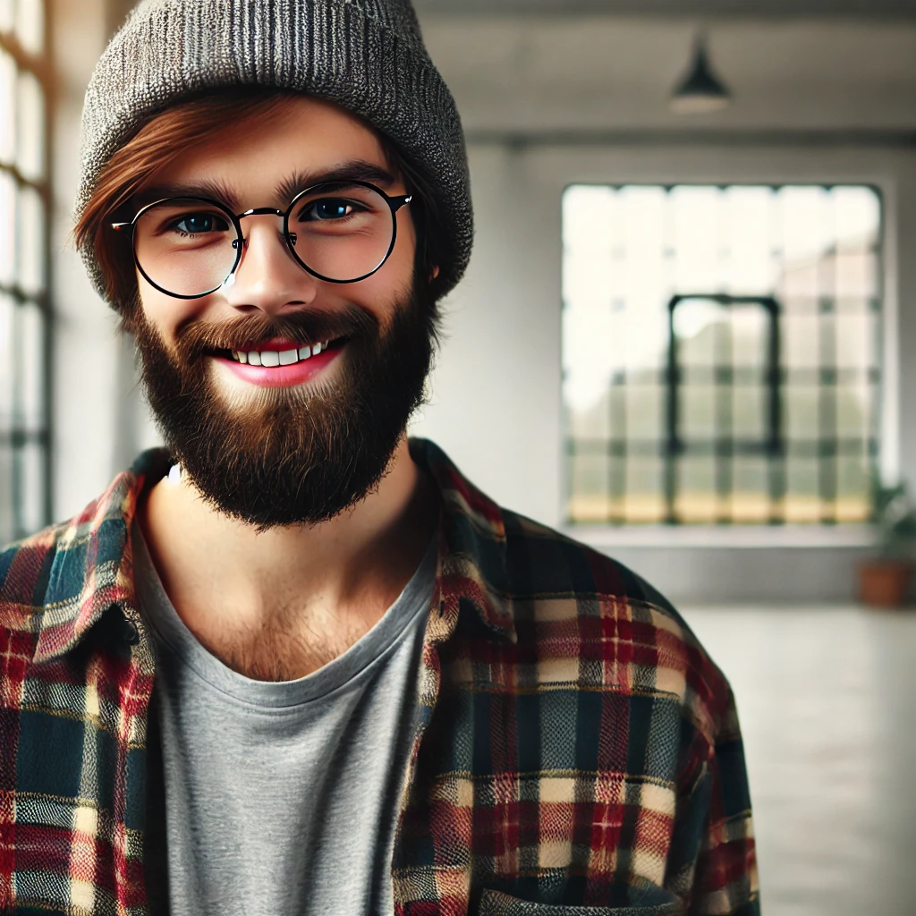 DALL·E 2025 06 09 17.36.26 A young man with a full beard and round glasses wearing a gray beanie and a plaid flannel shirt over a t shirt. He is smiling warmly and standing in