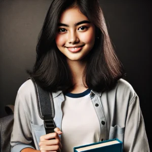DALL·E 2025 06 09 18.03.04 A young Indonesian female student with medium length black hair smiling warmly. She is wearing a casual light blue shirt over a white t shirt and ca