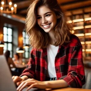 DALL·E 2025 06 09 18.04.26 A young woman with medium length wavy hair smiling while working on a laptop. She is wearing a red and black plaid flannel shirt over a white t shirt